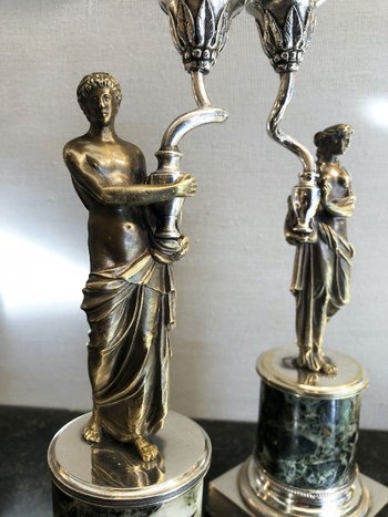 Pair Of Neoclassical Candlesticks In Silver Bronze, 19th Century