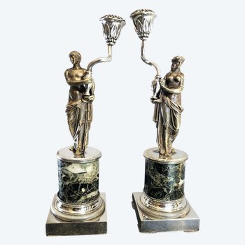 Pair Of Neoclassical Candlesticks In Silver Bronze, 19th Century