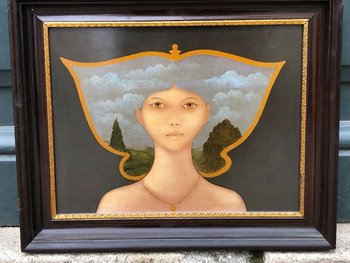 Surrealist Portrait Painted on Wood. Georges Braem (1931 - 1998), XXth Century