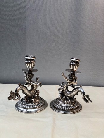 Pair Of Candlesticks In Sterling Silver, 19th Century