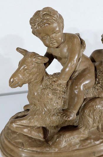 Sculpture in Patinated Terracotta, "Putti playing on a goat", after Boucher - 1900