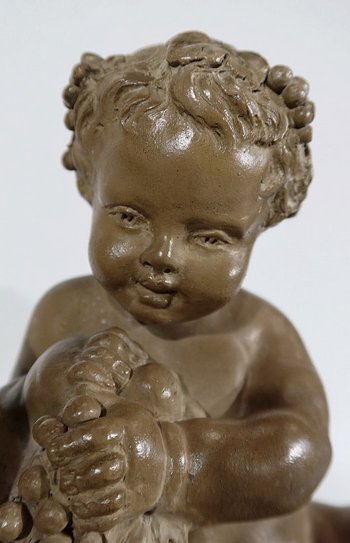 Sculpture in Patinated Terracotta, "Putti playing on a goat", after Boucher - 1900