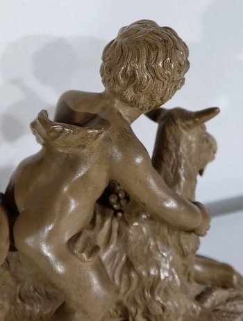 Sculpture in Patinated Terracotta, "Putti playing on a goat", after Boucher - 1900