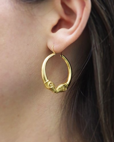 Créoles béliers en or 18k, or creux, boucles d'oreille style antiquité grecques ou romaine, Egypte