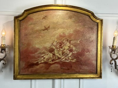 TABLEAU DE BOISERIE / DESSUS DE PORTE / HUILE SUR TOILE A DÉCOR DE PUTTI