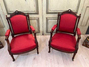 Pair Of Armchairs Of Louis XVI Style Molded And Sculpted Period XIXeme