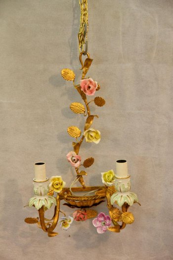 Pair Of Golden Metal And Porcelain Sconces, 20th Century