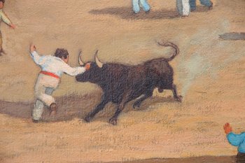 Huile Sur Toile Figurant Une Corrida Signée « Axatard », XXe Siècle