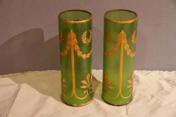 Pair Of Glass Vases, Green And Gold, Napoleon III Period