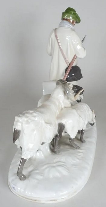 Meissen porcelain group a shepherd accompanied by his flock of sheep Model Y155 by Otto Pilz