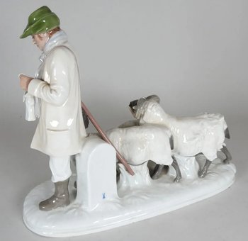 Meissen porcelain group a shepherd accompanied by his flock of sheep Model Y155 by Otto Pilz