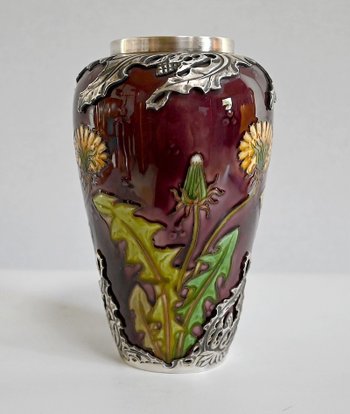 Vase " Les Pissenlits " in Silver and enamelled Ceramics, Manufacture de Sèvres, Art Nouveau - End of XIXth century