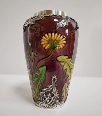 Vase " Les Pissenlits " in Silver and enamelled Ceramics, Manufacture de Sèvres, Art Nouveau - End of XIXth century