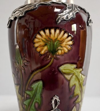 Vase " Les Pissenlits " in Silver and enamelled Ceramics, Manufacture de Sèvres, Art Nouveau - End of XIXth century