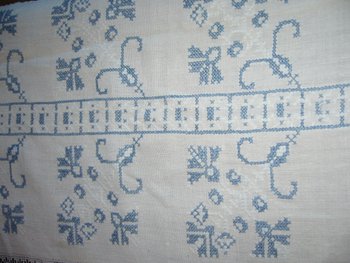 Embroidered linen and lace tablecloth, EA monogram circa 1900