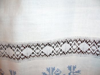 Embroidered linen and lace tablecloth, EA monogram circa 1900