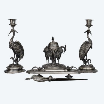 Set Of Office Candle Holder Silver Plated Metal With Herons End XIXth