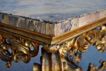 Large Rocaille Console Gilded Wood Roman Marble XVIIth