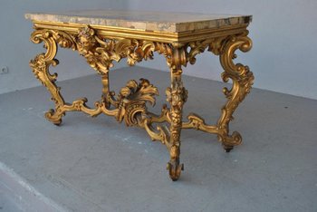 Large Rocaille Console Gilded Wood Roman Marble XVIIth