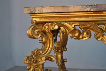 Large Rocaille Console Gilded Wood Roman Marble XVIIth