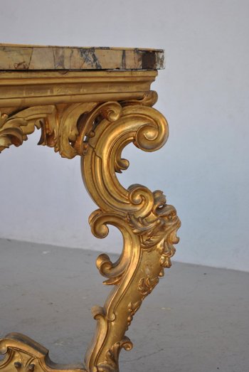 Large Rocaille Console Gilded Wood Roman Marble XVIIth