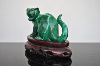 Statuette De Chat En Malachite Montée Sur Socle