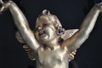 Paar Große Jugendstil-Applikationen aus vergoldeter Bronze an Babys 77 cm