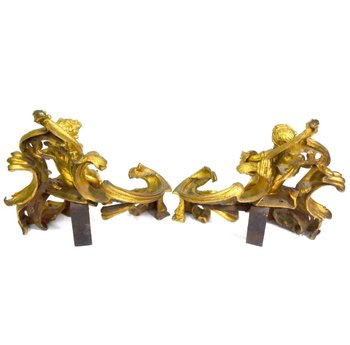 Chenets Bronze Style Louis XV à Décor De Feuilles d'Acanthes Et Aux Bébés XIXème (paire)