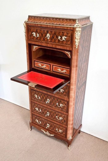 Secretaire Semainier in Legno Pregiato, Stile Luigi XV, Epoca Napoleone III - Metà del XIX Secolo