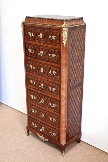 Secretaire Semainier in Legno Pregiato, Stile Luigi XV, Epoca Napoleone III - Metà del XIX Secolo