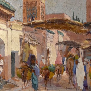 Oil On Canvas Mosque In Marakech By Paul Jean Anderbourh