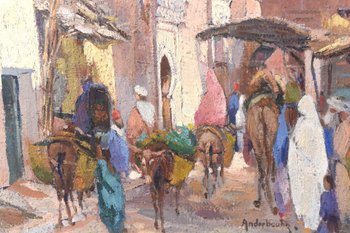 Oil On Canvas Mosque In Marakech By Paul Jean Anderbourh