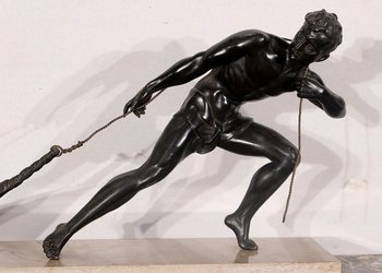 Importante scultura Spelter "The Fisherman", di J. De Roncourt, Art Deco - 1930