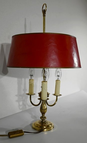 Lampe Bouillotte en Laiton à abat-jour Rouge, style Louis XVI – XXe