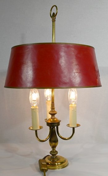 Lampe Bouillotte en Laiton à abat-jour Rouge, style Louis XVI – XXe