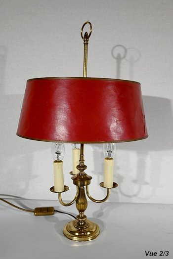 Lampe Bouillotte en Laiton à abat-jour Rouge, style Louis XVI – XXe