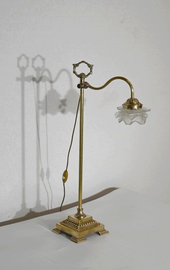 Petite Lampe Tulipe en Verre et Bronze, réglable, Art Déco – 1920