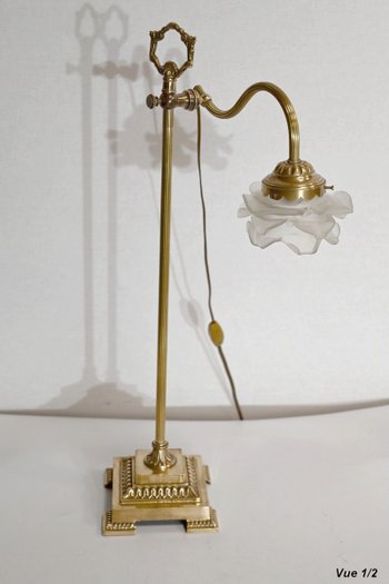 Petite Lampe Tulipe en Verre et Bronze, réglable, Art Déco – 1920