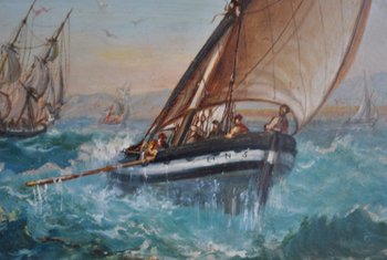 Boat And Marine Crew In Oil Late Nineteenth Monogram Ab