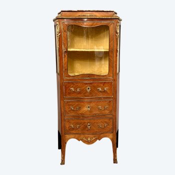 Rare Small Louis XV Style Showcase In Marquetry Napoleon Period Around 1870