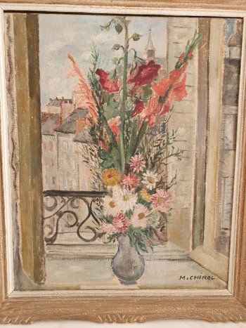 Marguerite Chirol, Bouquet Of Flowers At The Window, Paris, Oil On Canvas, 20th century.