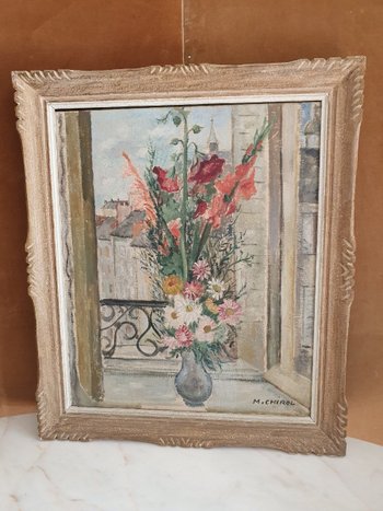 Marguerite Chirol, Bouquet Of Flowers At The Window, Paris, Oil On Canvas, 20th century.