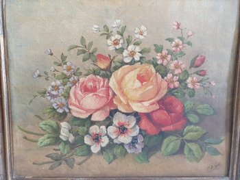 Pair Of Still Lifes With Bouquets Of Flowers, Oil On Hardboard, 20th Century.