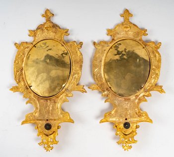 Paire De Petits Miroirs Murales En Bronze Doré Fin XIXème Siècle