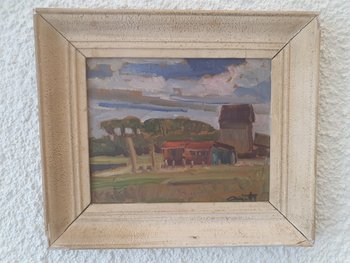 Léo Ayotte (1909-1976) , Paysage à La Cabane , Huile Sur Carton , XX°. 