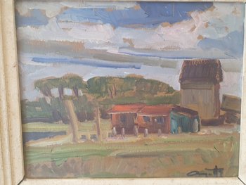 Léo Ayotte (1909-1976) , Paysage à La Cabane , Huile Sur Carton , XX°. 