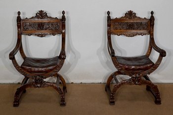 Paar wichtige Fauteuils Dagobert, Curule, Renaissance Geschmack - Ende XIX.