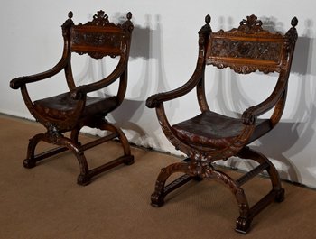 Paar wichtige Fauteuils Dagobert, Curule, Renaissance Geschmack - Ende XIX.