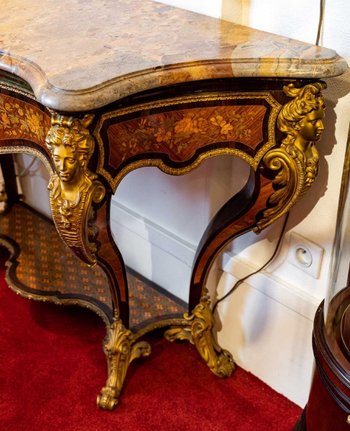 Coppia di console in legno esotico intarsiato Napoleone III