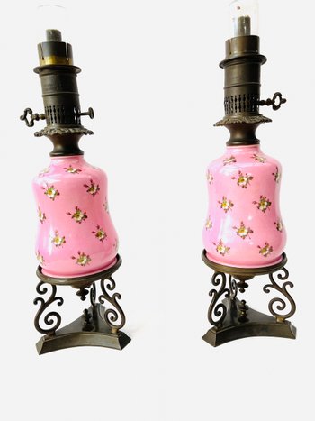 Pair of pink oil lamps Napoleon 3